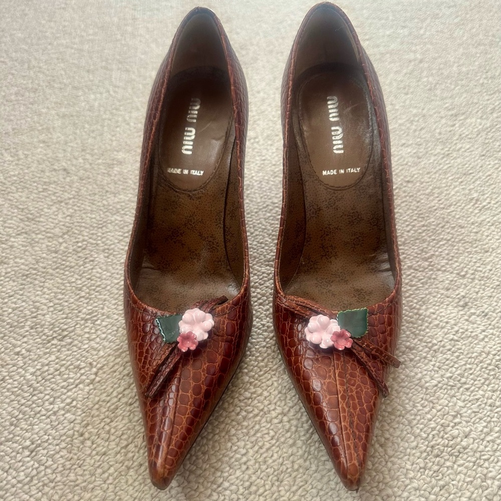 Miu Miu Brown Textured Heels with Pink Floral Accent